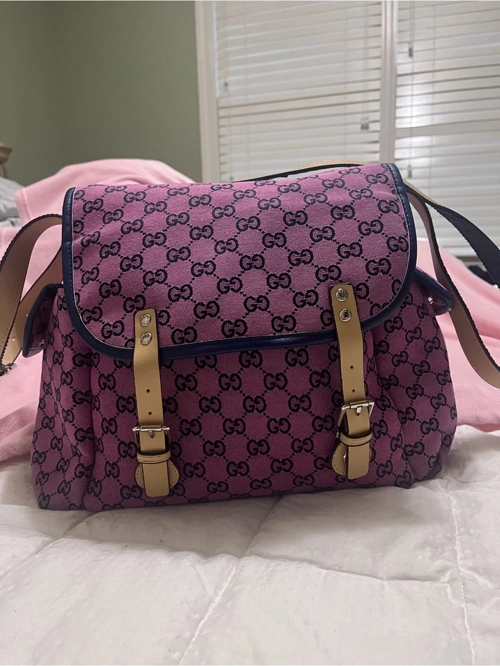 Gucci GG Canvas Diaper bag with Tan Leather Straps